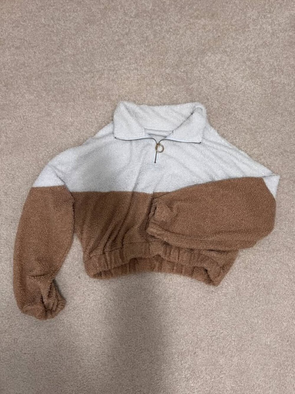 SHEIN Brown & White Half-Zip Cropped Sweatshirt S